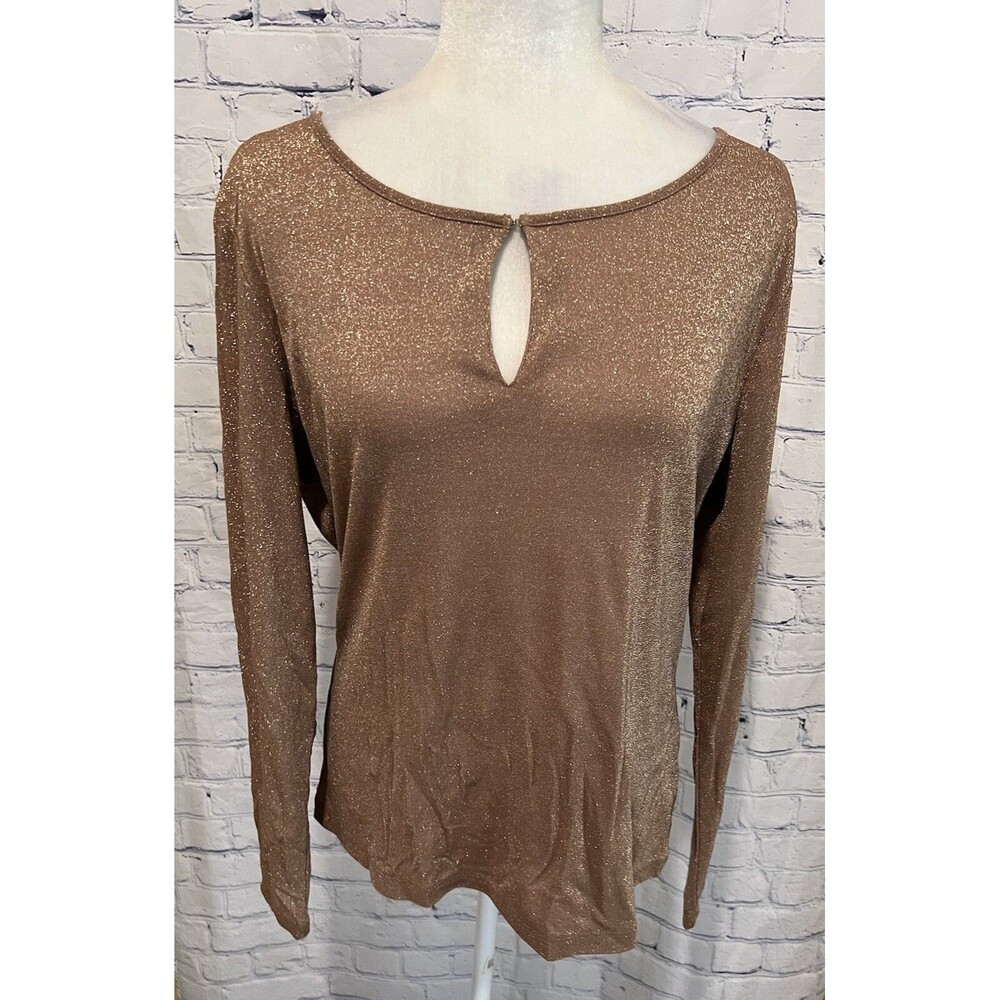 New York & Company Blouse Women's Sz XL Shimmer Metallic Front Keyhole Brown
